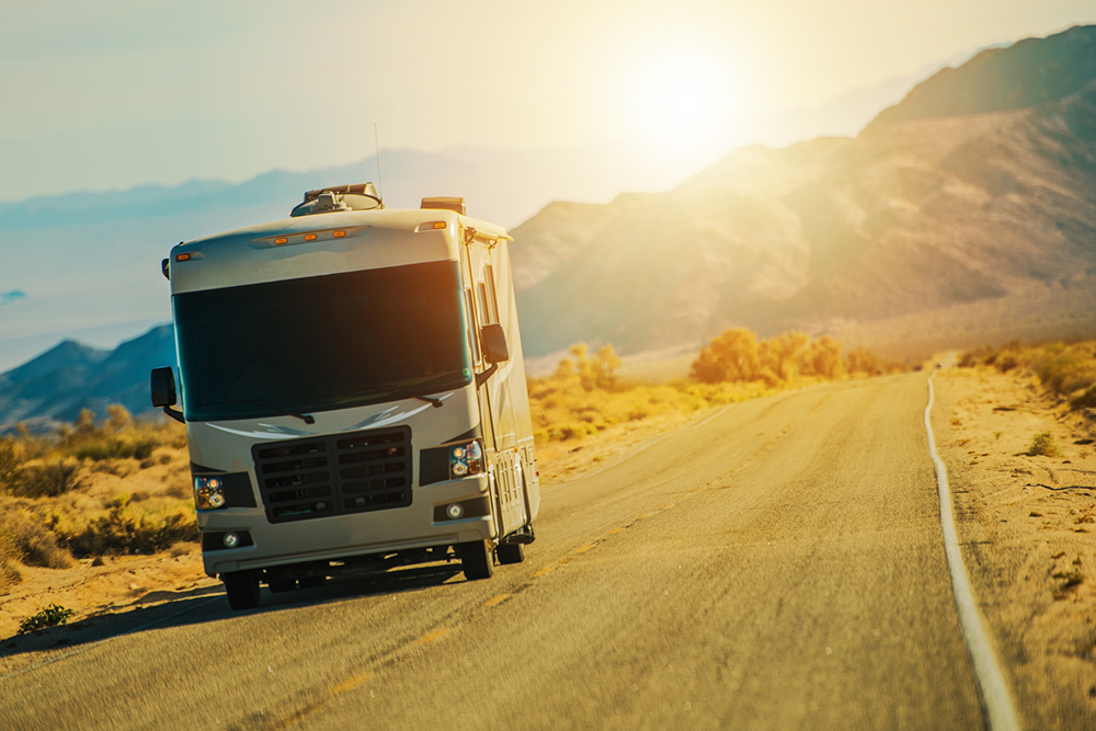 Motorhome on the Desert Road in Arizona after receiving thorough RV inspection services